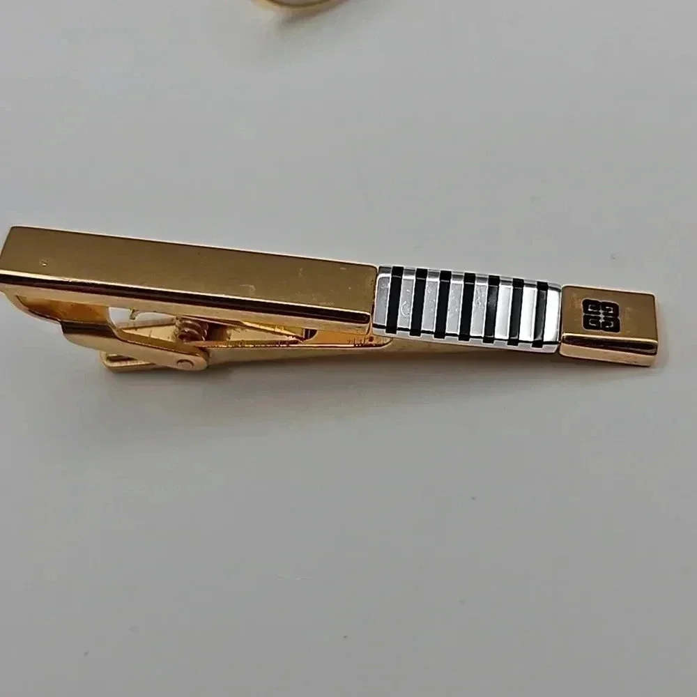 Givenchy Gold Tone Chevron Cufflink and Tie Bar Set